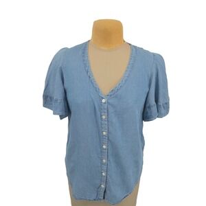 Chelsea + Theodore Blouse Women M Blue Denim Ruffle Sleeve V-Neck Casual Coastal